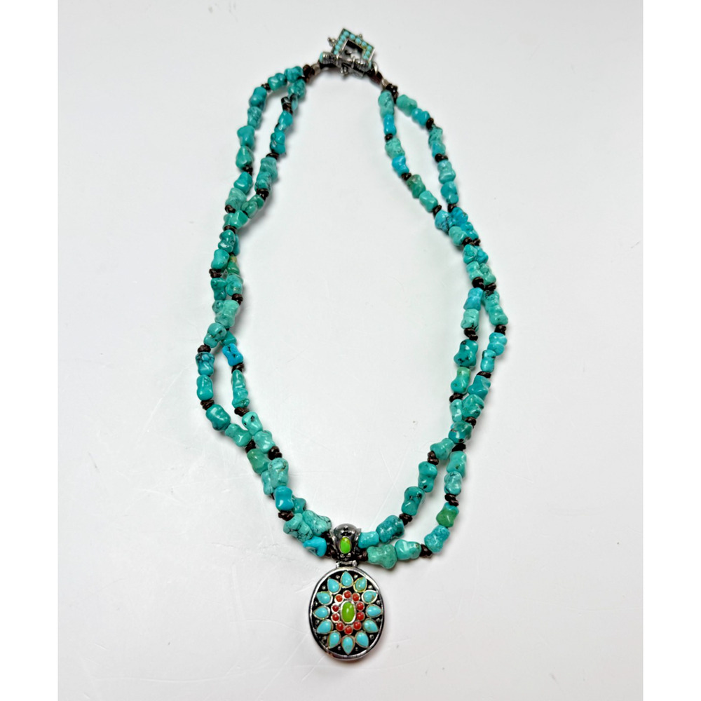 Vintage Signed Barse 925 Sterling Silver Turquoise Nugget Necklace Oval Pendant - Picture 5 of 7